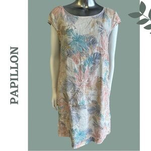 Papillon Linen Short Sleeve Sheath Dress Foliage Print Contrast Knit Side Inlay